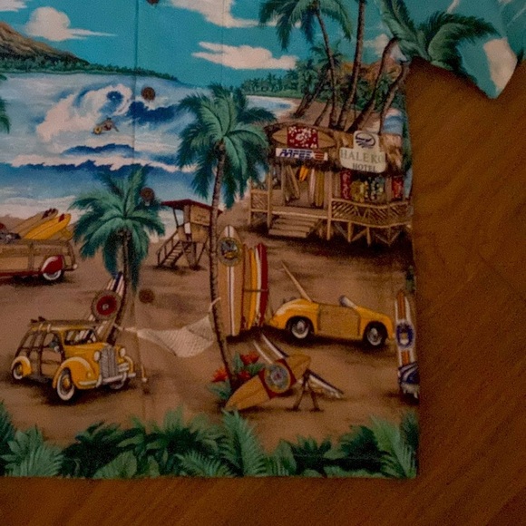 Hawaiian Reserve Collection Aloha Shirt Mens L woody cars surfboards Palms Beach - Picture 3 of 10